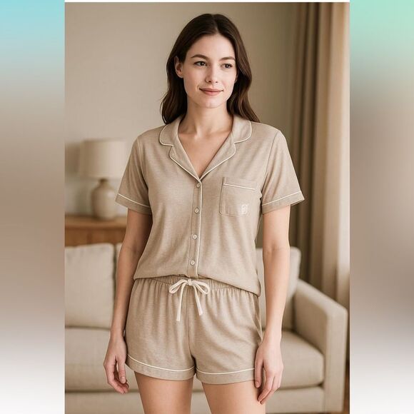 Born Other - BORN XL Soft Oatmeal White Short Sleeve Button Down Notched Collar Shorts PJ Set